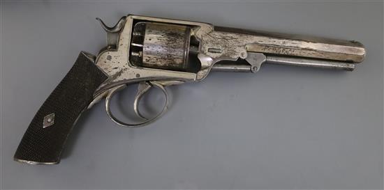 A cased 54 bore Webley patent five shot double action wedge frame percussion revolver, c.1860, retailed by F J Smith & Co. London,